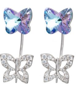 sølv øreringe med sommerfugle i tjekkisk krystal og et sølvblad med små zirkonia sten